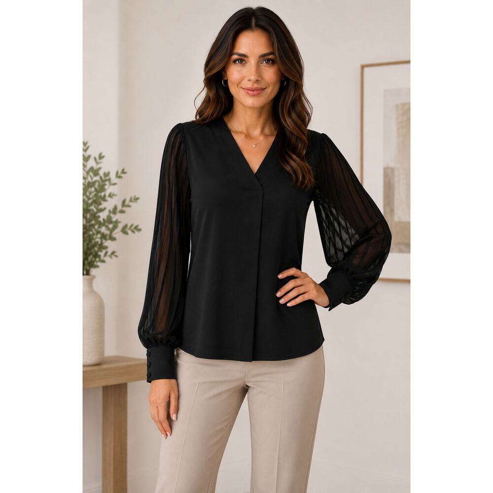 Elie Tahari Black Pleated Sleeve Blouse XL Stretch Career Office Sheer Top